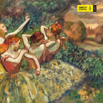 Omslag van de Amnesty Kalender 2027 met kleurrijk kunstwerk en ruimte voor maandelijkse planning.
