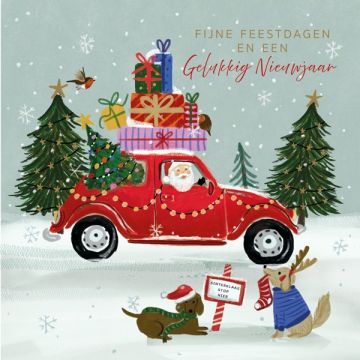 Kerstkaarten kerstman camper & rendier